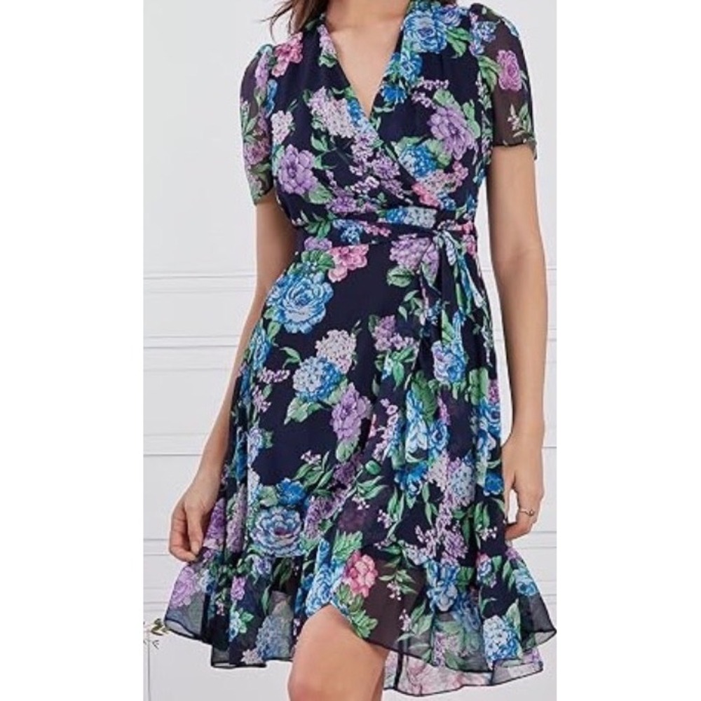 NWT London Times Navy Dress Floral Faux Wrap Chiffon Ruffle Wedding Guest Size 4